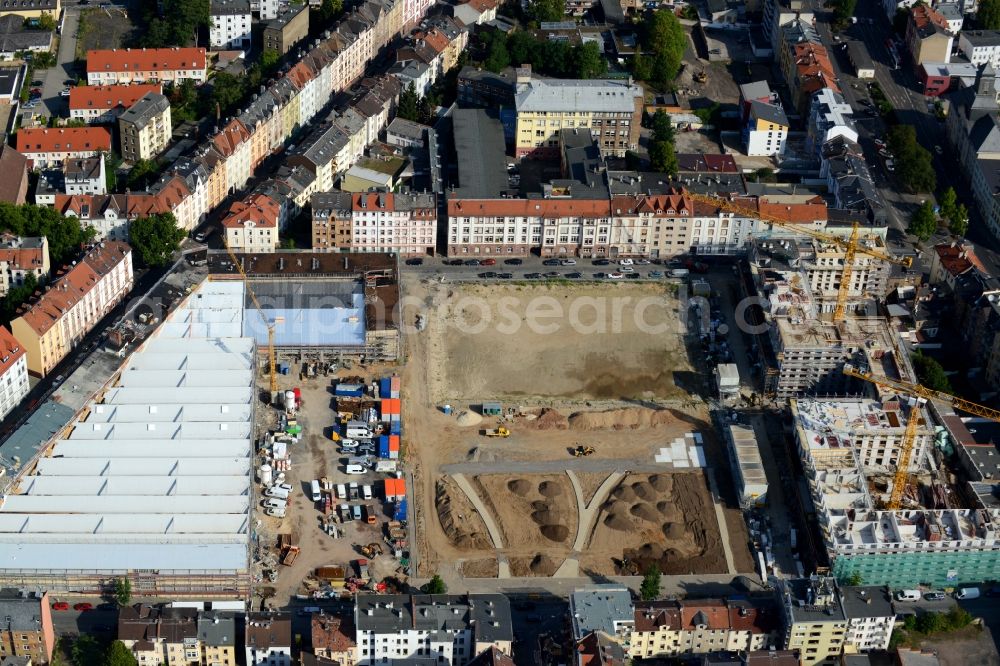 Offenbach am Main from the bird's eye view: Construction site to build a new multi-family residential complex an der Waldstrasse - Senefelderstrasse - Gustav-Adolf-Strasse in Offenbach am Main in the state Hesse