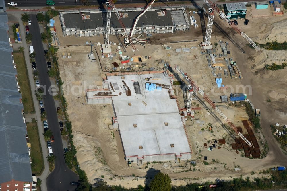 Berlin from above - Construction site to build a new multi-family residential complex on Weissenhoeher Strasse - Arno-Phillipstal-Strasse of Bonava Deutschland GmbH im Stadtteil Kaulsdorf in Berlin