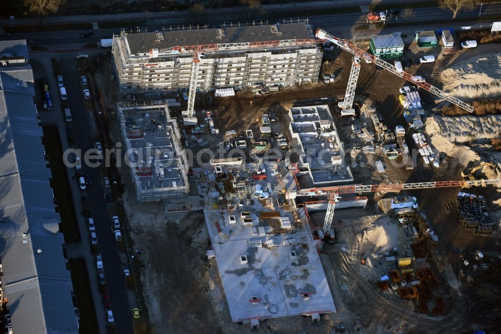 Berlin from the bird's eye view: Construction site to build a new multi-family residential complex on Weissenhoeher Strasse - Arno-Phillipstal-Strasse of Bonava Deutschland GmbH im Stadtteil Kaulsdorf in Berlin