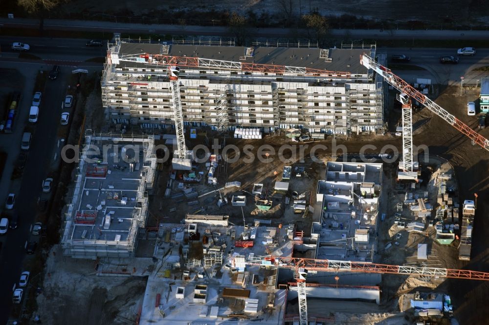 Berlin from above - Construction site to build a new multi-family residential complex on Weissenhoeher Strasse - Arno-Phillipstal-Strasse of Bonava Deutschland GmbH im Stadtteil Kaulsdorf in Berlin