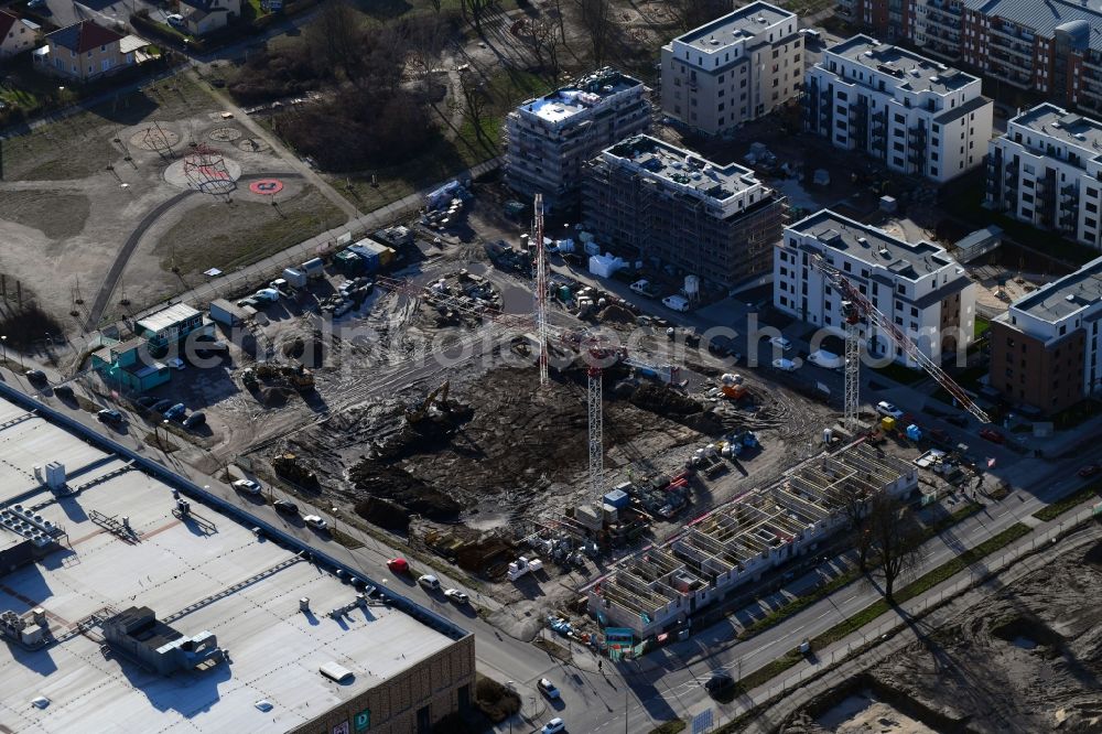 Berlin from above - Construction site to build a new multi-family residential complex of Bonava Deutschland GmbH in of Weissenhoeher Strasse - Minsker Strasse - Hanoier Strasse in Berlin, Germany