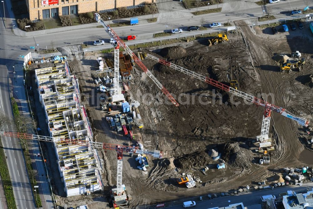 Berlin from the bird's eye view: Construction site to build a new multi-family residential complex of Bonava Deutschland GmbH in of Weissenhoeher Strasse - Minsker Strasse - Hanoier Strasse in Berlin, Germany