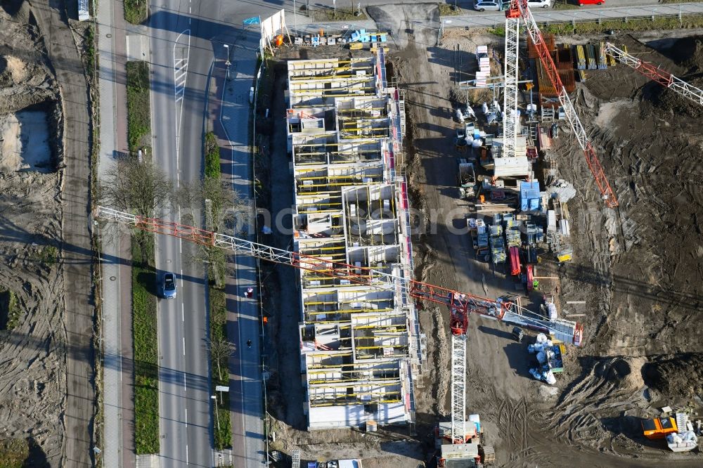 Aerial image Berlin - Construction site to build a new multi-family residential complex of Bonava Deutschland GmbH in of Weissenhoeher Strasse - Minsker Strasse - Hanoier Strasse in Berlin, Germany