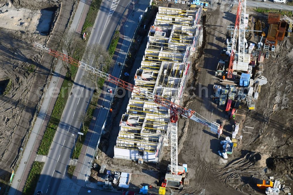 Aerial photograph Berlin - Construction site to build a new multi-family residential complex of Bonava Deutschland GmbH in of Weissenhoeher Strasse - Minsker Strasse - Hanoier Strasse in Berlin, Germany