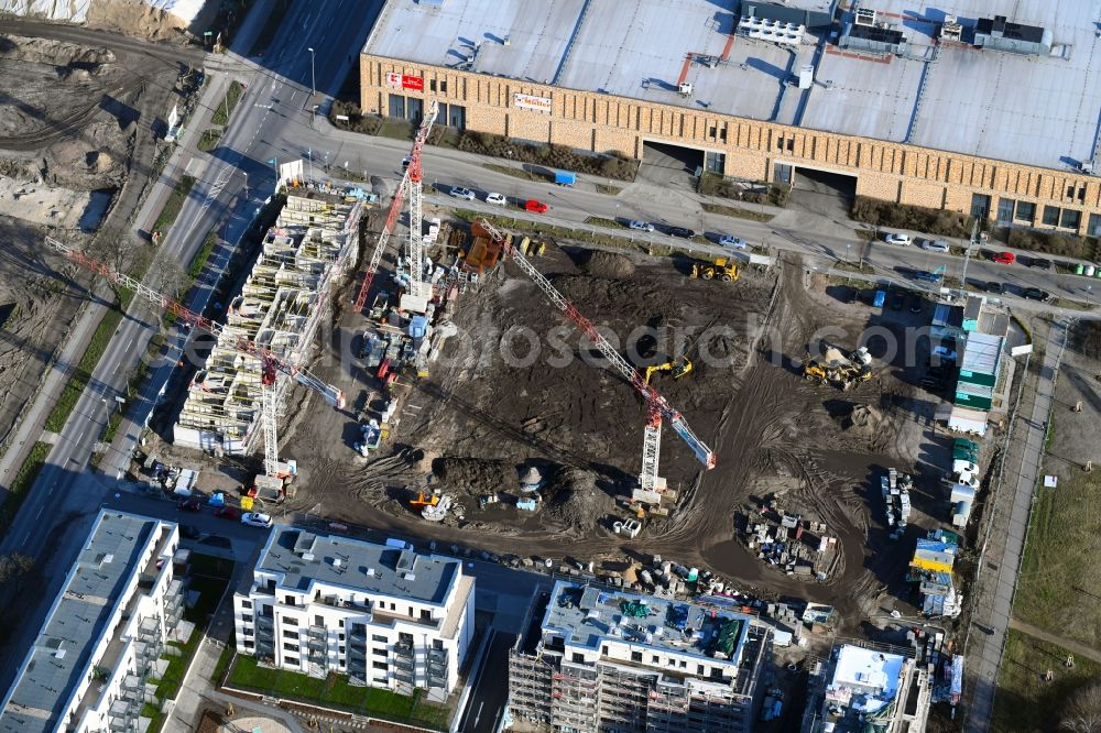 Berlin from above - Construction site to build a new multi-family residential complex of Bonava Deutschland GmbH in of Weissenhoeher Strasse - Minsker Strasse - Hanoier Strasse in Berlin, Germany