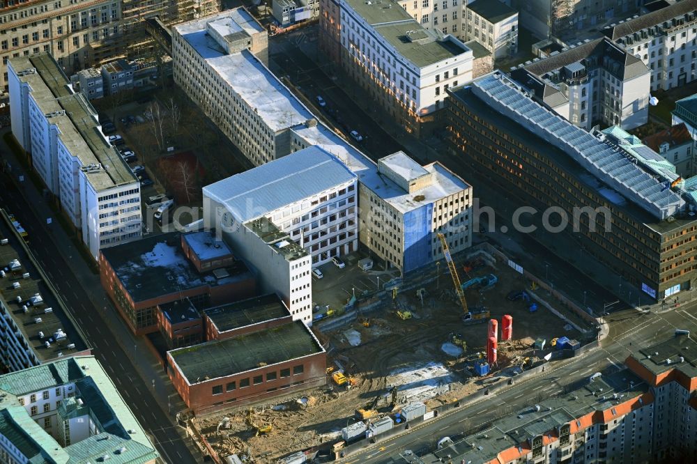 Berlin from above - Construction site to build a new multi-family residential complex Behrenstrasse - Wilhelmstrasse - Franzoesische Strasse in the district Mitte in Berlin, Germany