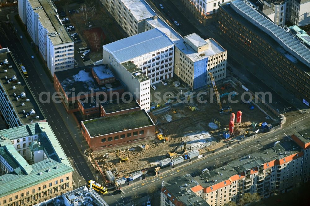 Berlin from the bird's eye view: Construction site to build a new multi-family residential complex Behrenstrasse - Wilhelmstrasse - Franzoesische Strasse in the district Mitte in Berlin, Germany