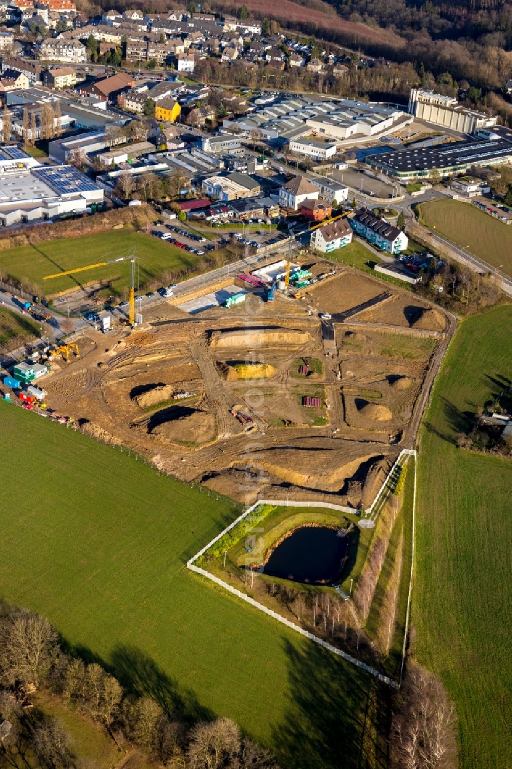 Aerial image Velbert - Construction site to build a new multi-family residential complex Wimmersberger Suedblick in the district Neviges in Velbert in the state North Rhine-Westphalia, Germany