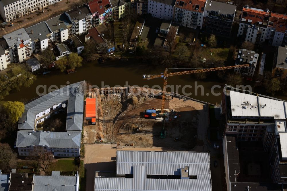 Aerial image Leipzig - Construction site to build a new multi-family residential complex Nonnenstrasse on river Weisse Elster in the district Plagwitz in Leipzig in the state Saxony