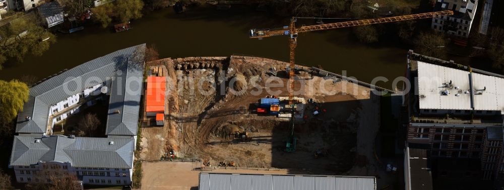 Aerial photograph Leipzig - Construction site to build a new multi-family residential complex Nonnenstrasse on river Weisse Elster in the district Plagwitz in Leipzig in the state Saxony