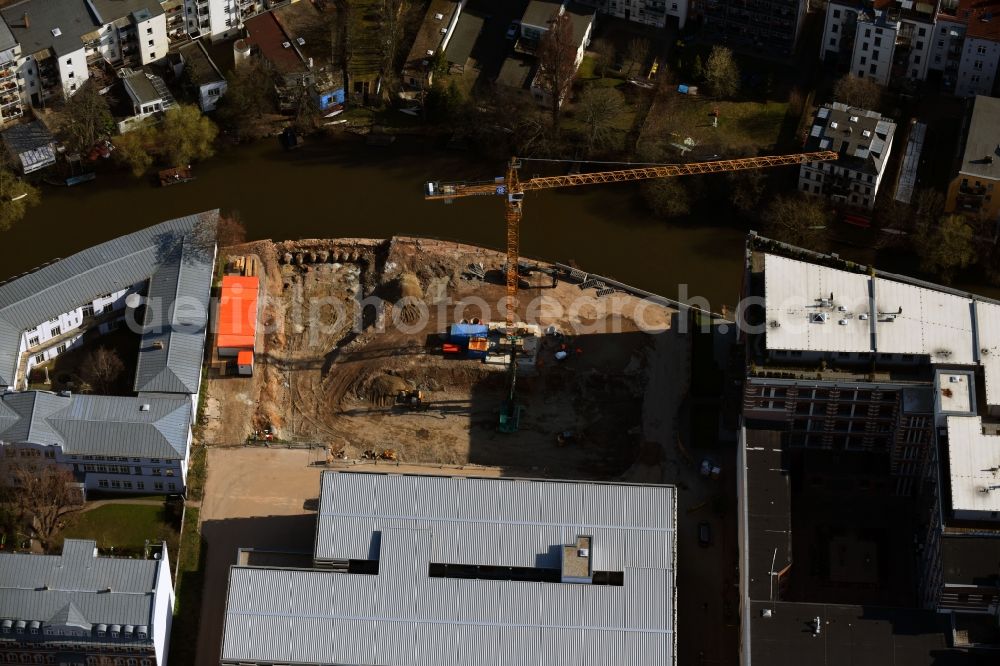 Leipzig from above - Construction site to build a new multi-family residential complex Nonnenstrasse on river Weisse Elster in the district Plagwitz in Leipzig in the state Saxony