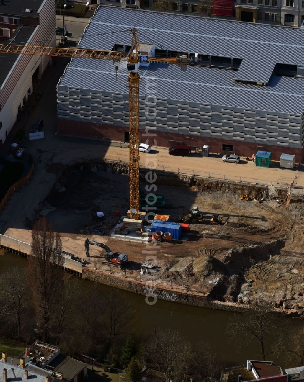 Leipzig from above - Construction site to build a new multi-family residential complex Nonnenstrasse on river Weisse Elster in the district Plagwitz in Leipzig in the state Saxony