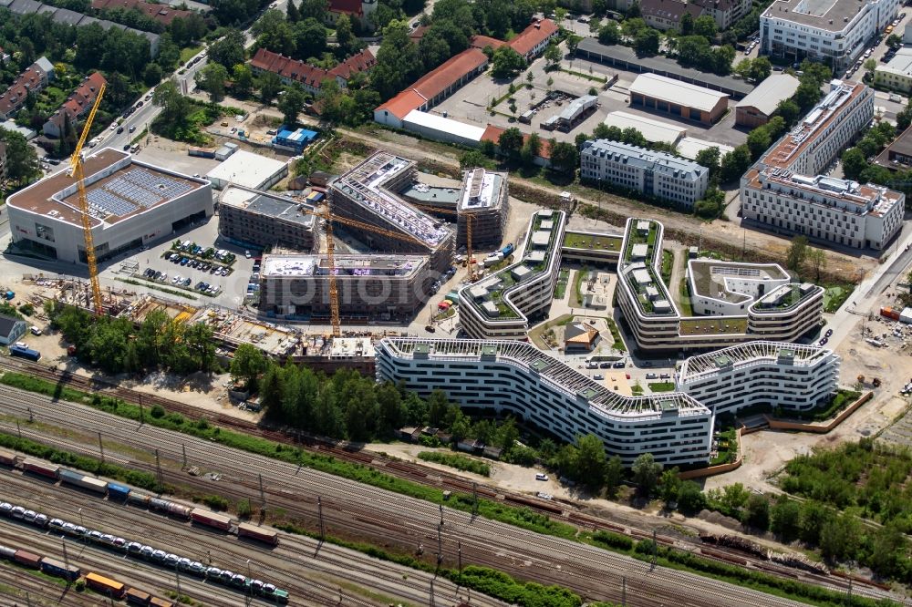 München from the bird's eye view: Construction site to build a new multi-family residential complex Wohnanlage Baumkirchen Mitte on Hermann-Weinhauser-Strasse in Munich in the state Bavaria, Germany