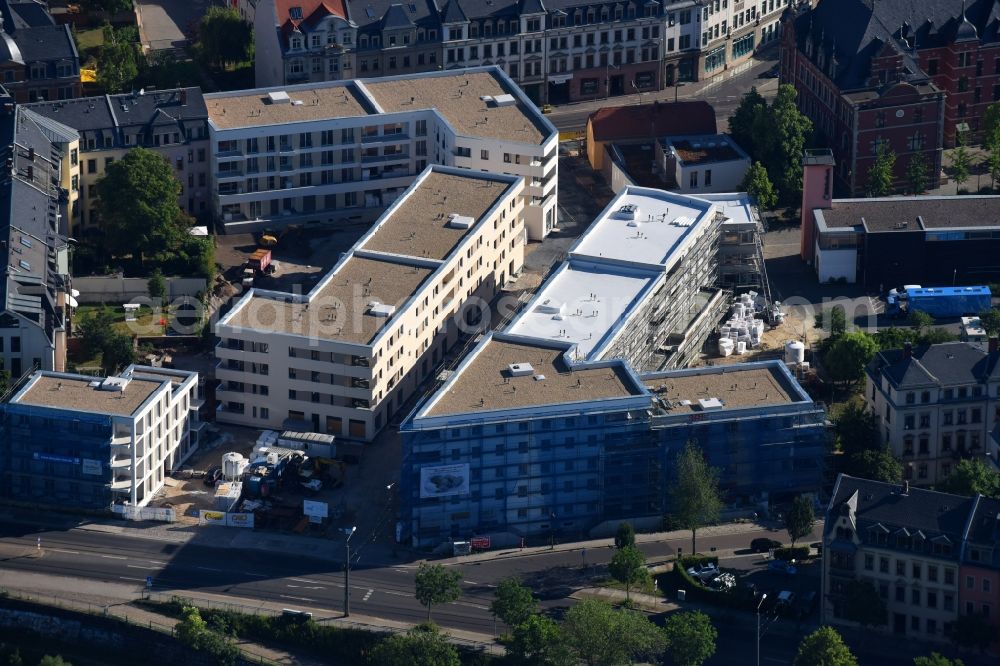 Dresden from the bird's eye view: Construction site to build a new multi-family residential complex Wohnanlage Pieschen of Markus Projekt GmbH & Co. KG on Leipziger Strasse corner Konkordienstrasse in Dresden in the state Saxony, Germany