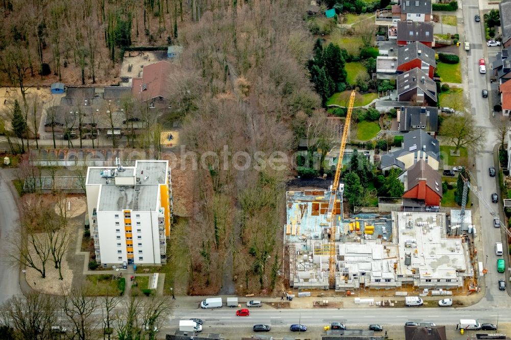 Aerial photograph Bottrop - Construction site to build a new multi-family residential complex of Wohnbau Overhagen GmbH on Schneiofstrasse in Bottrop in the state North Rhine-Westphalia, Germany