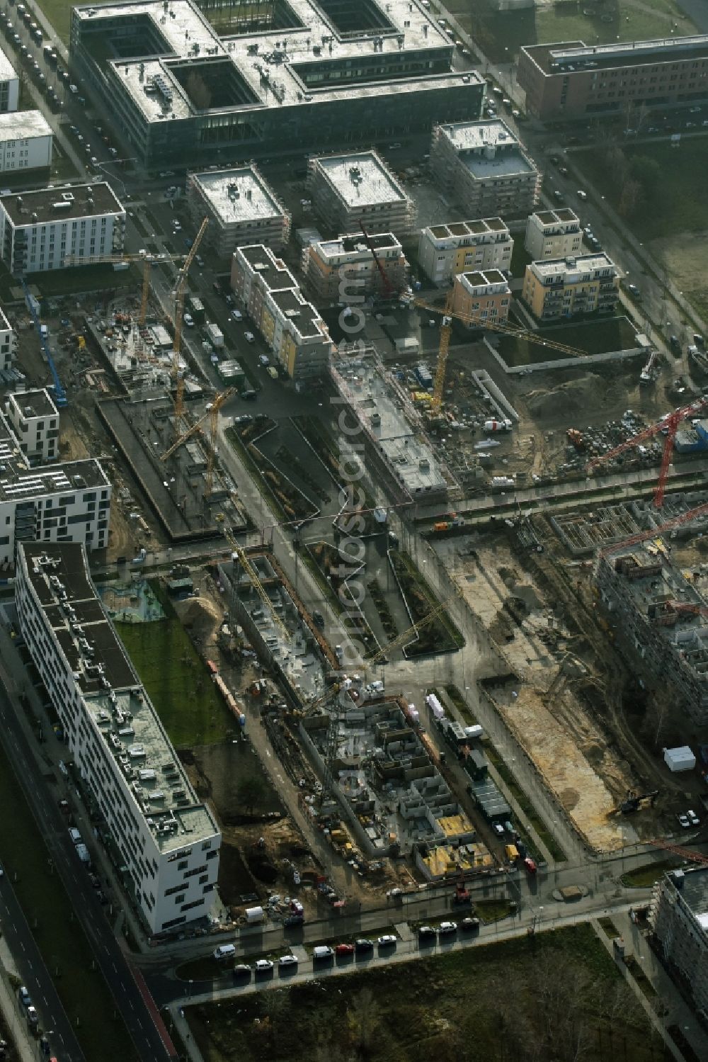 Aerial image Berlin - Construction site to build a new multi-family residential complex „ Wohnen am Campus “ an der Rudower Chaussee in Berlin in Germany