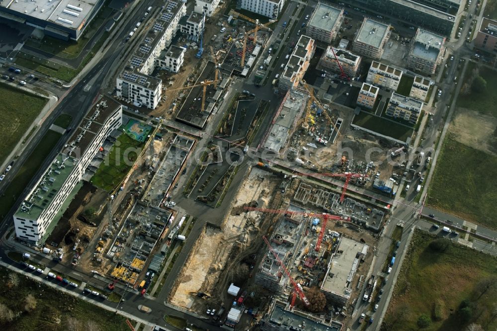 Berlin from above - Construction site to build a new multi-family residential complex „ Wohnen am Campus “ an der Rudower Chaussee in Berlin in Germany