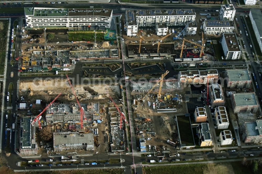 Aerial photograph Berlin - Construction site to build a new multi-family residential complex „ Wohnen am Campus “ an der Rudower Chaussee in Berlin in Germany