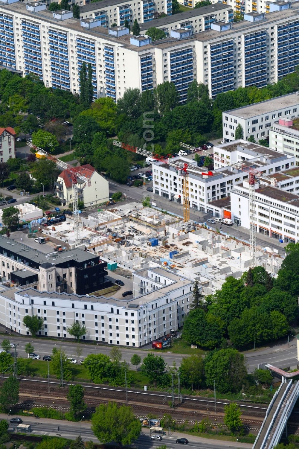 Potsdam from above - Construction site to build a new multi-family residential complex of Wohnen on Nuthe Vermoegensverwaltungs GmbH on Lotte-Pulewka-Strasse in Potsdam in the state Brandenburg, Germany