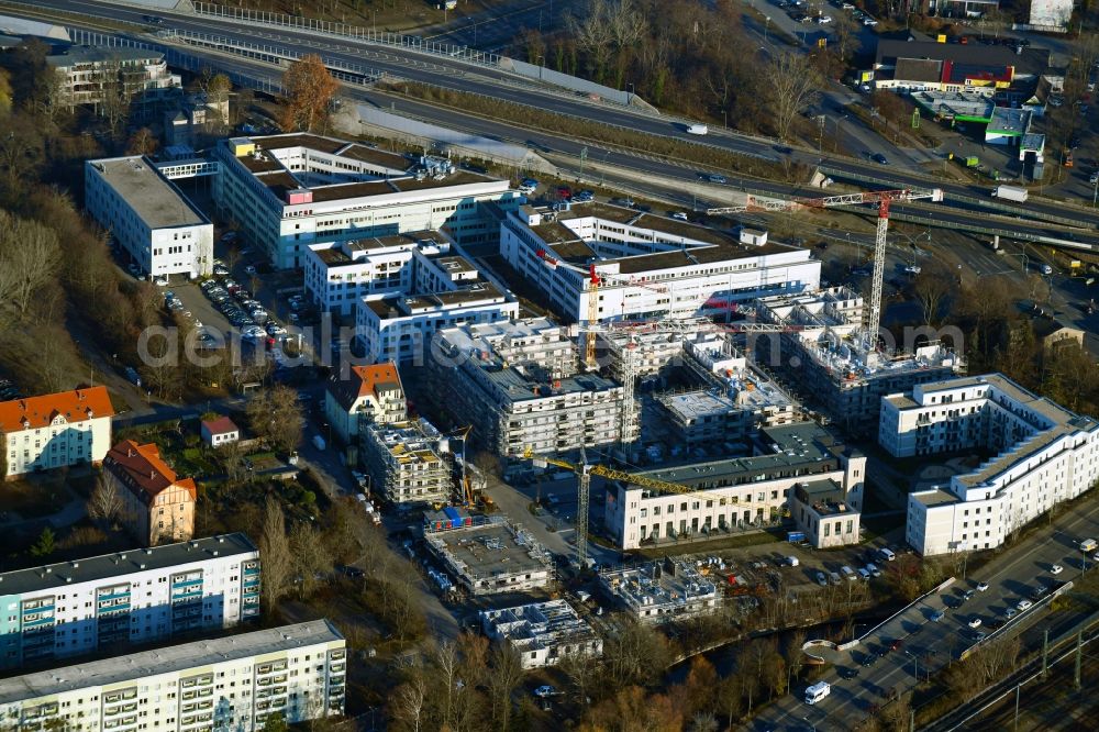 Potsdam from the bird's eye view: Construction site to build a new multi-family residential complex of Wohnen on Nuthe Vermoegensverwaltungs GmbH on Lotte-Pulewka-Strasse in Potsdam in the state Brandenburg, Germany