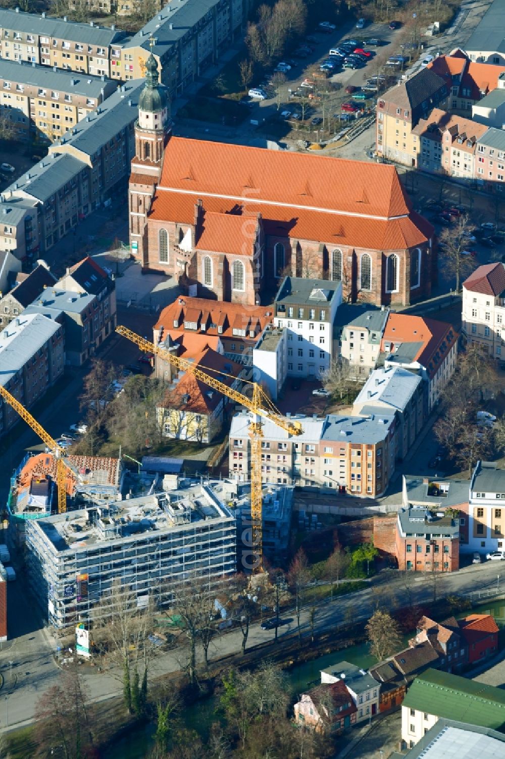 Cottbus from above - Construction site to build a new multi-family residential complex Wohnen on Spreeufer of Sternbau GmbH between Muehlenstrasse and Am Spreeufer in Cottbus in the state Brandenburg, Germany