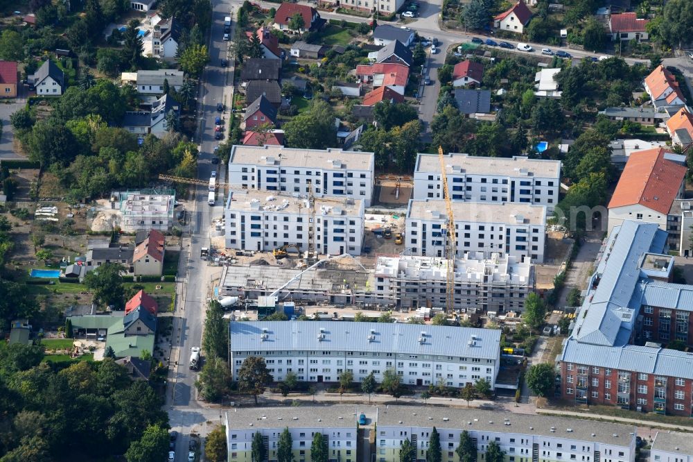 Teltow from the bird's eye view: Construction site to build a new multi-family residential complex Wohnen on Striewitzweg of Bonava Deutschland GmbH in Teltow in the state Brandenburg, Germany