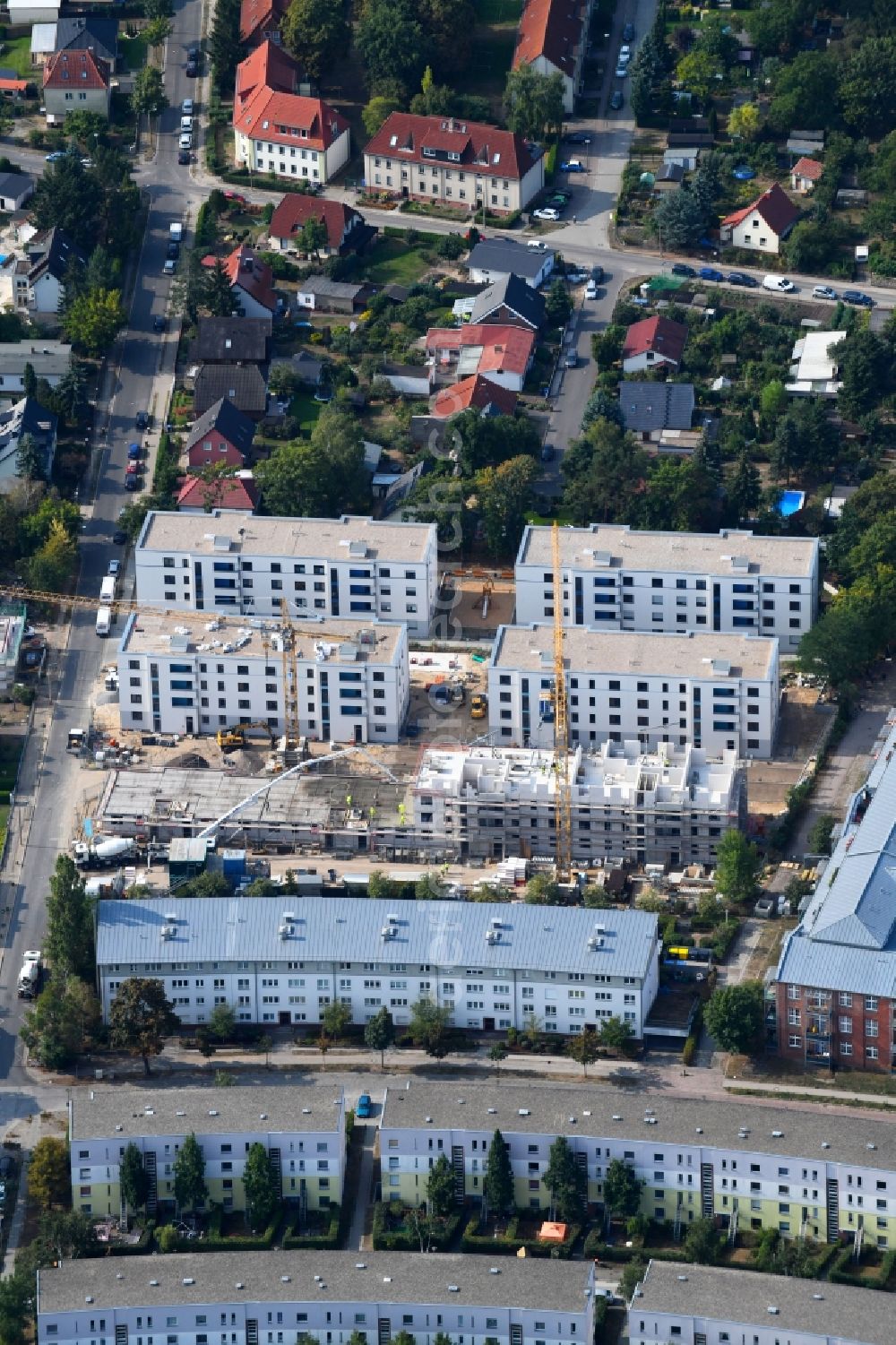 Aerial image Teltow - Construction site to build a new multi-family residential complex Wohnen on Striewitzweg of Bonava Deutschland GmbH in Teltow in the state Brandenburg, Germany