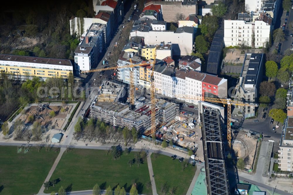 Berlin from above - Construction site to build a new multi-family residential complex WOHNPANORAMA on Dennewitzstrasse in the district Berlin-Kreuzberg in Berlin, Germany