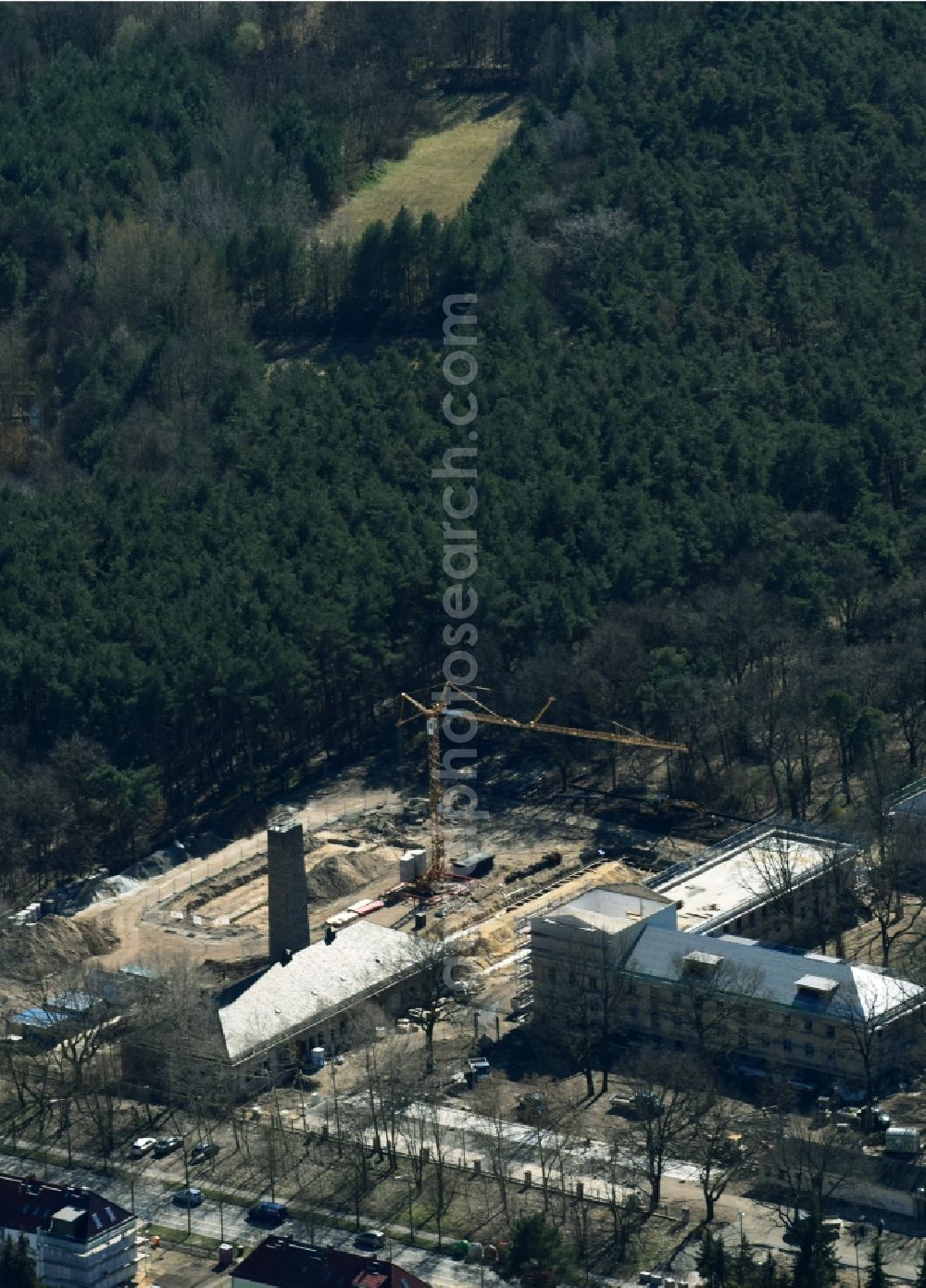 Berlin from above - Construction site to build a new multi-family residential complex des frueheren Makarenko-Kinderheims an der Suedostallee in Berlin in Germany