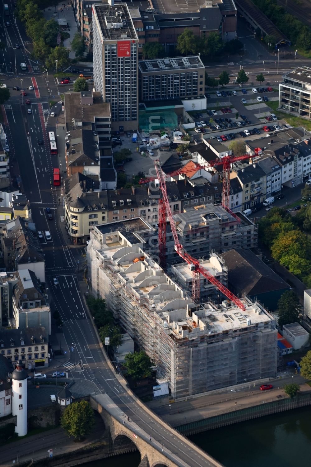 Koblenz from above - Construction site to build a new multi-family residential complex Wohnquartier Weisser Hoefe Am Wolfstor in Koblenz in the state Rhineland-Palatinate, Germany