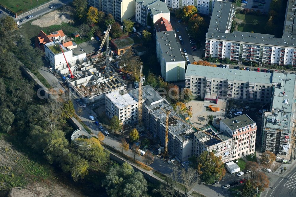 Magdeburg from above - Construction site to build a new multi-family residential complex of Wohnungsbaugenossenschaft a??Stadt Magdeburg von 1954a?? eG in of Turmschanzenstrasse in Magdeburg in the state Saxony-Anhalt, Germany