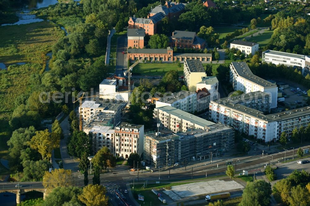 Magdeburg from the bird's eye view: Construction site to build a new multi-family residential complex of Wohnungsbaugenossenschaft a??Stadt Magdeburg von 1954a?? eG in of Turmschanzenstrasse in Magdeburg in the state Saxony-Anhalt, Germany