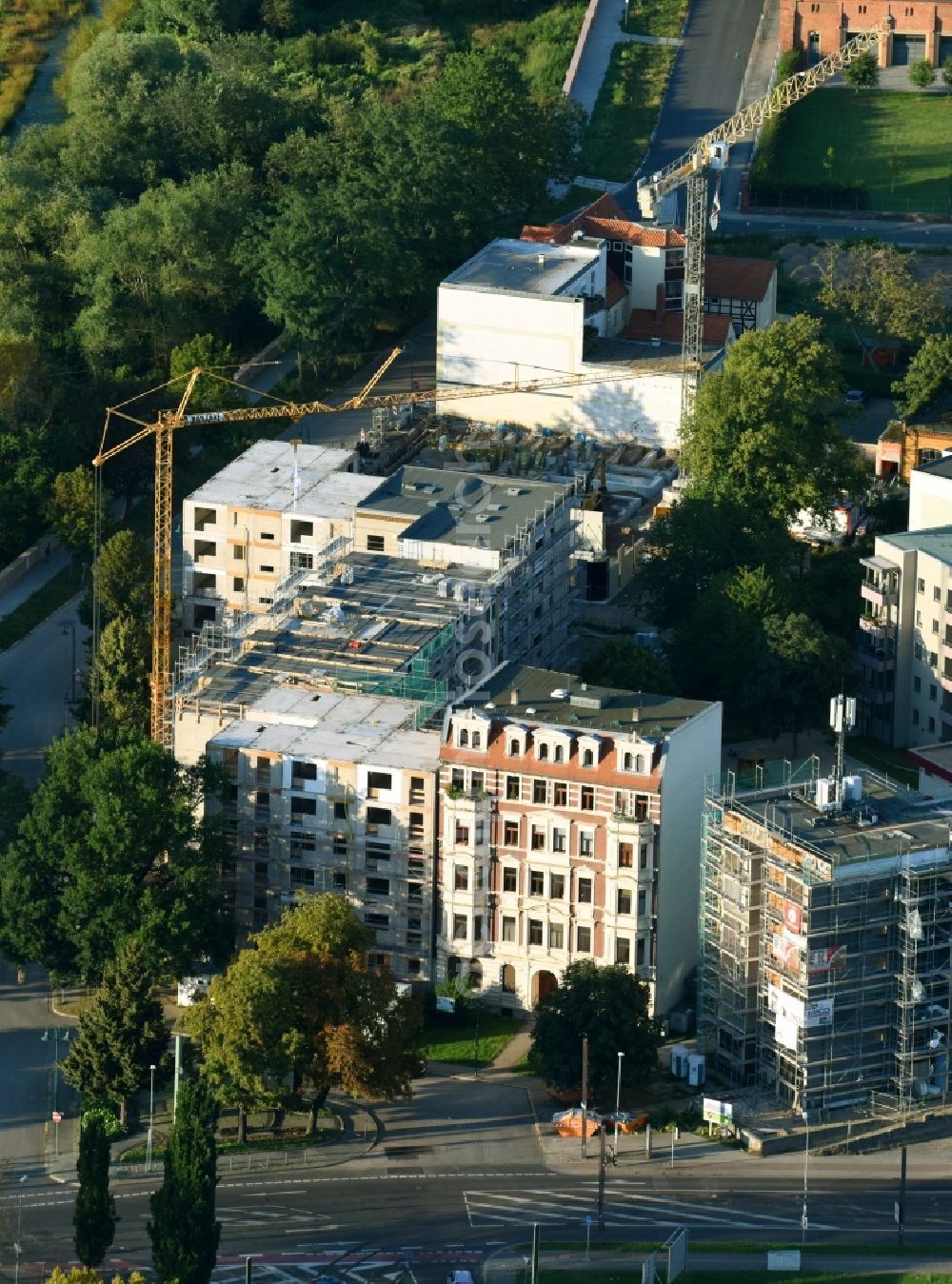 Aerial image Magdeburg - Construction site to build a new multi-family residential complex of Wohnungsbaugenossenschaft a??Stadt Magdeburg von 1954a?? eG in of Turmschanzenstrasse in Magdeburg in the state Saxony-Anhalt, Germany