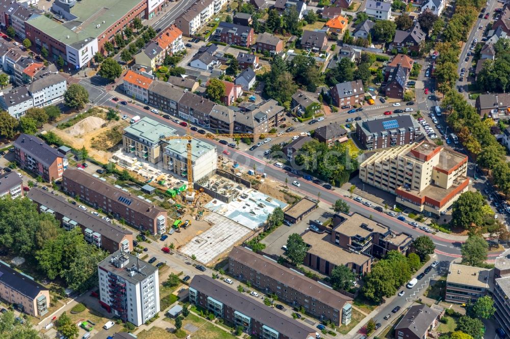 Wesel from above - Construction site to build a new multi-family residential complex of Wohnungsbaugenossenschaft Wesel eG on Kreuzstrasse in Wesel in the state North Rhine-Westphalia, Germany