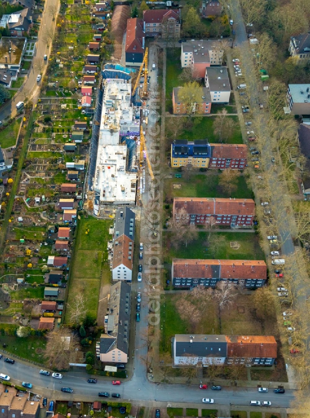 Aerial photograph Herne - Construction site to build a new multi-family residential complex of Wohnungsverein Herne eG on Augustastrasse in Herne in the state North Rhine-Westphalia, Germany