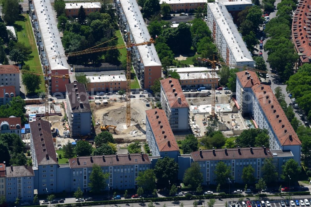 München from above - Construction site to build a new multi-family residential complex between Schaeufeleinstrasse and Landsberger Strasse in the district Laim in Munich in the state Bavaria, Germany