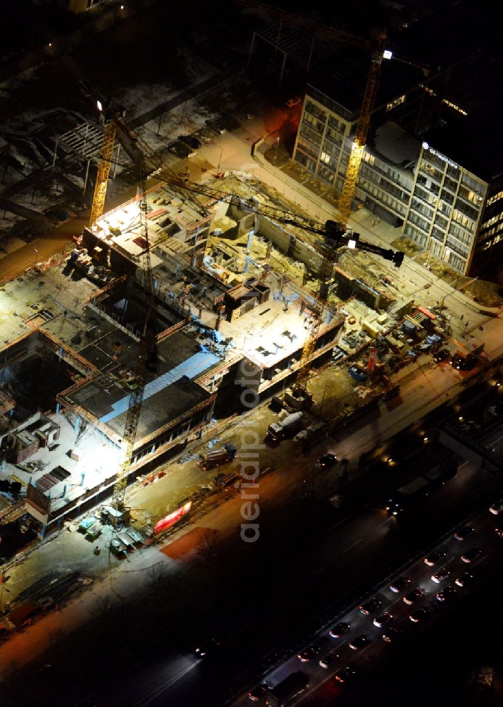 Aerial photograph München - Night view of construction site to build a new multi-family residential complex on Schwabinger Tor along Leopoldstrasse in Munich in the state Bavaria