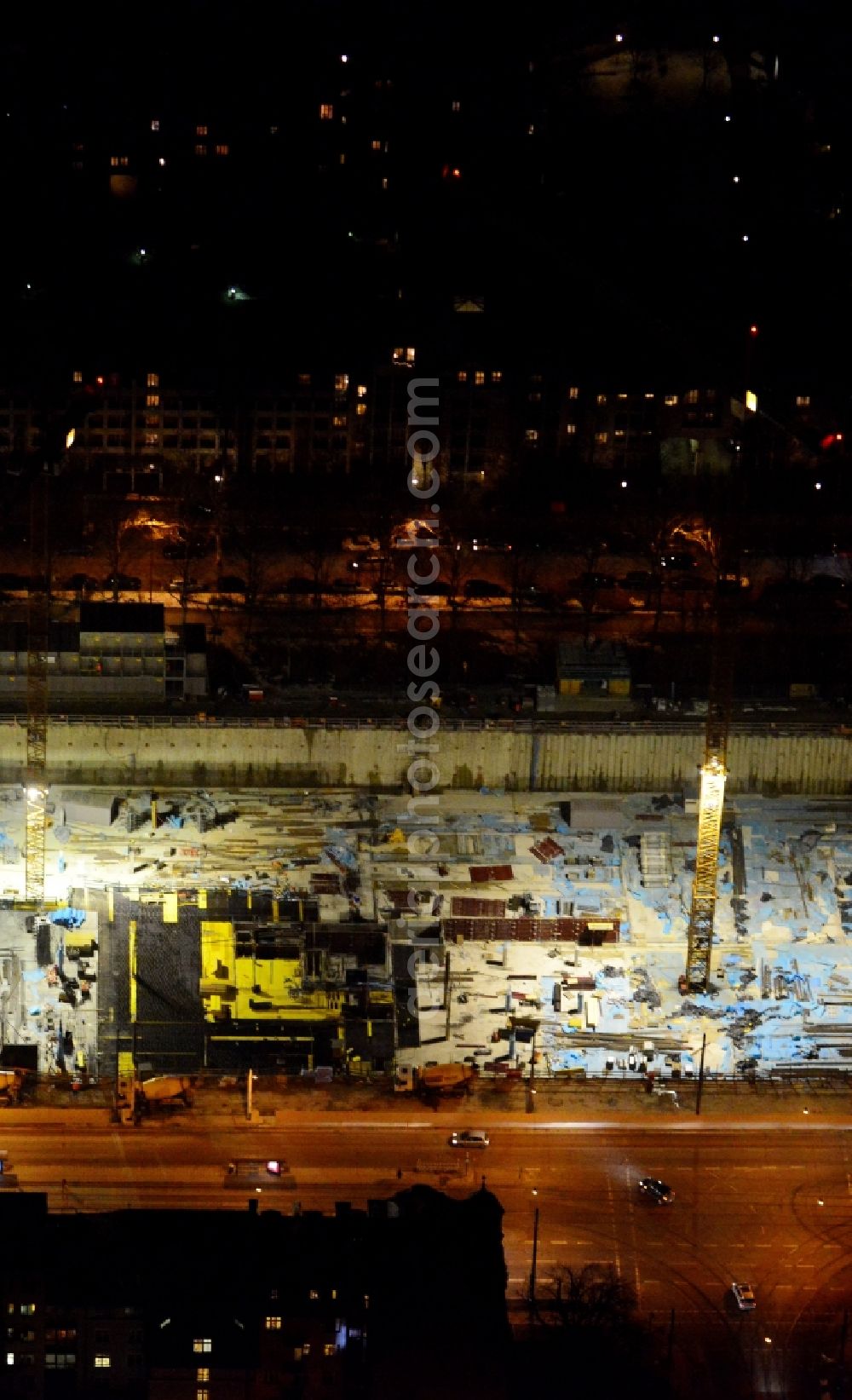 Aerial image München - Night view of construction site to build a new multi-family residential complex on Schwabinger Tor along Leopoldstrasse in Munich in the state Bavaria