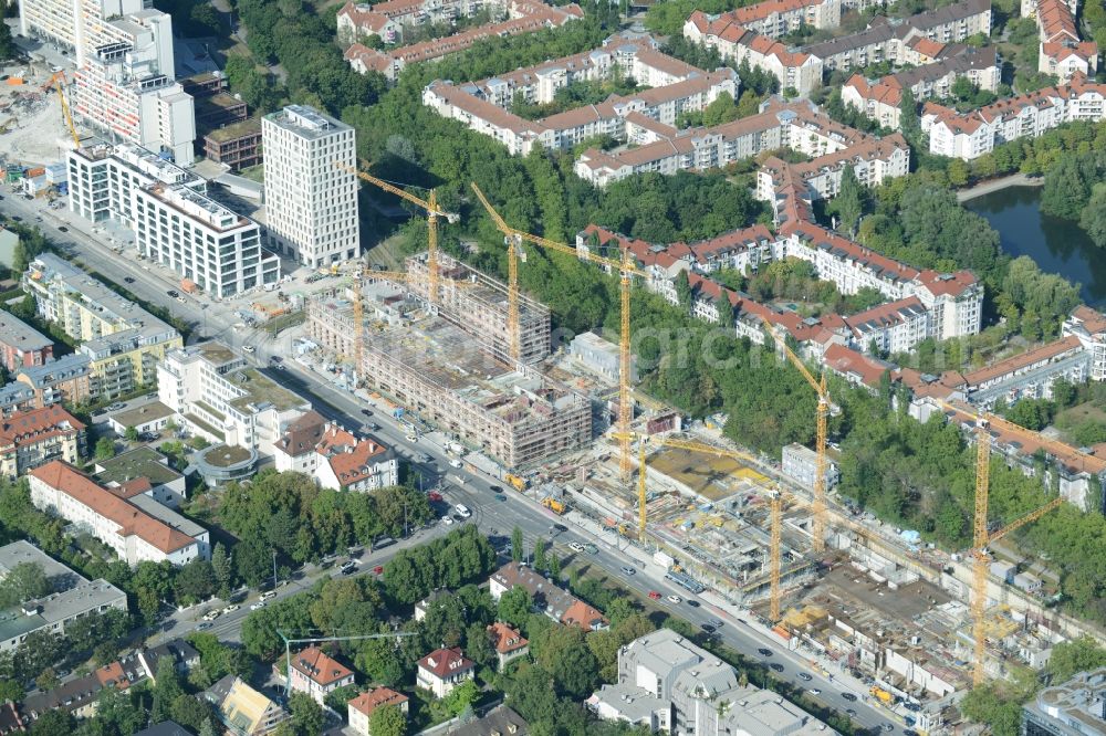 München from above - Construction site to build a new multi-family residential complex on Schwabinger Tor along Leopoldstrasse in Munich in the state Bavaria