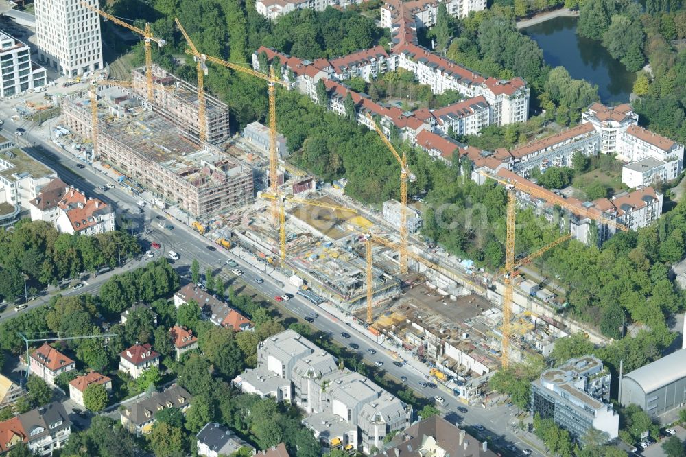 München from the bird's eye view: Construction site to build a new multi-family residential complex on Schwabinger Tor along Leopoldstrasse in Munich in the state Bavaria