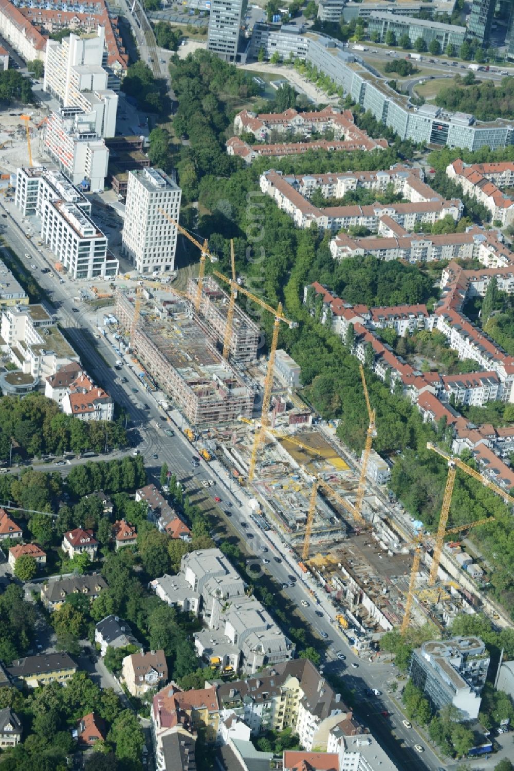 Aerial photograph München - Construction site to build a new multi-family residential complex on Schwabinger Tor along Leopoldstrasse in Munich in the state Bavaria