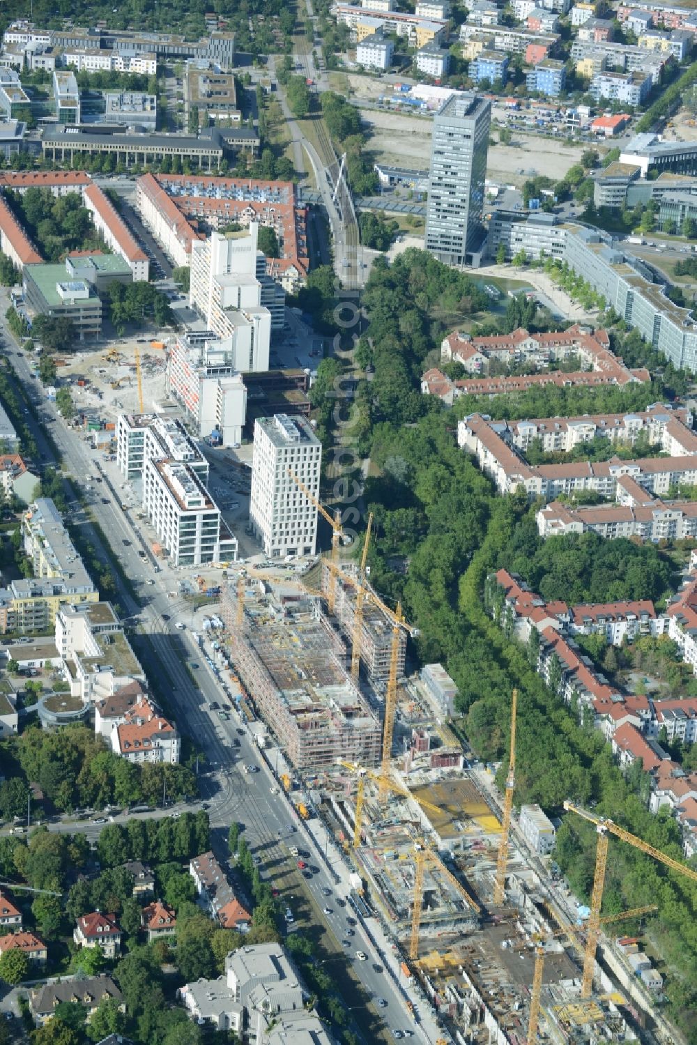 München from above - Construction site to build a new multi-family residential complex on Schwabinger Tor along Leopoldstrasse in Munich in the state Bavaria