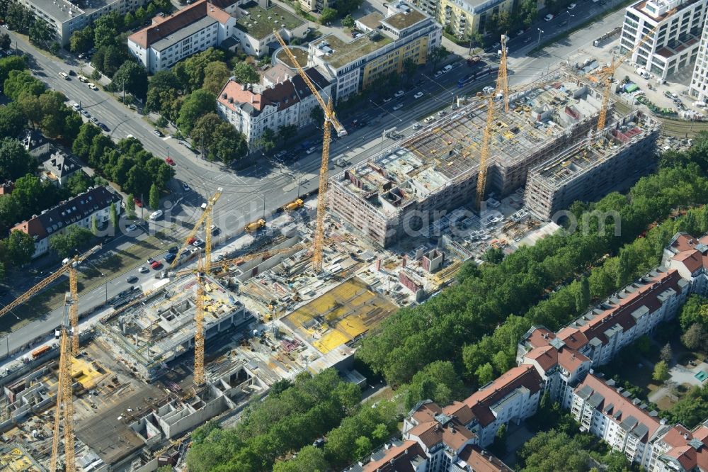 München from above - Construction site to build a new multi-family residential complex on Schwabinger Tor along Leopoldstrasse in Munich in the state Bavaria