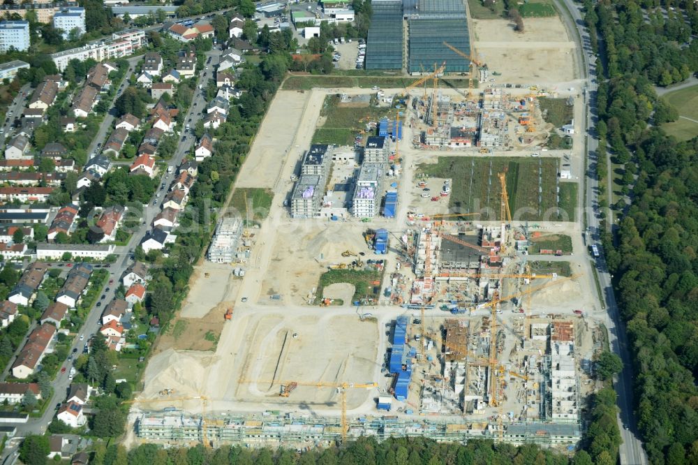 München from the bird's eye view: Construction site to build a new multi-family residential complex der Terrafinanz GmbH & Co. KG im Stadtteil Perlach in Munich in the state Bavaria