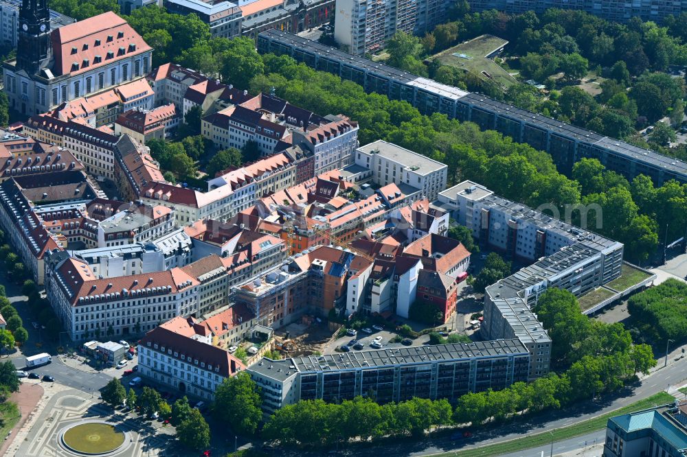 Dresden from the bird's eye view: Construction site for the new construction of a multi-family residential complex Heinrichhoefe in the former inner courtyard on Heinrichstrasse in the district of Innere Neustadt in Dresden in the federal state of Saxony, Germany