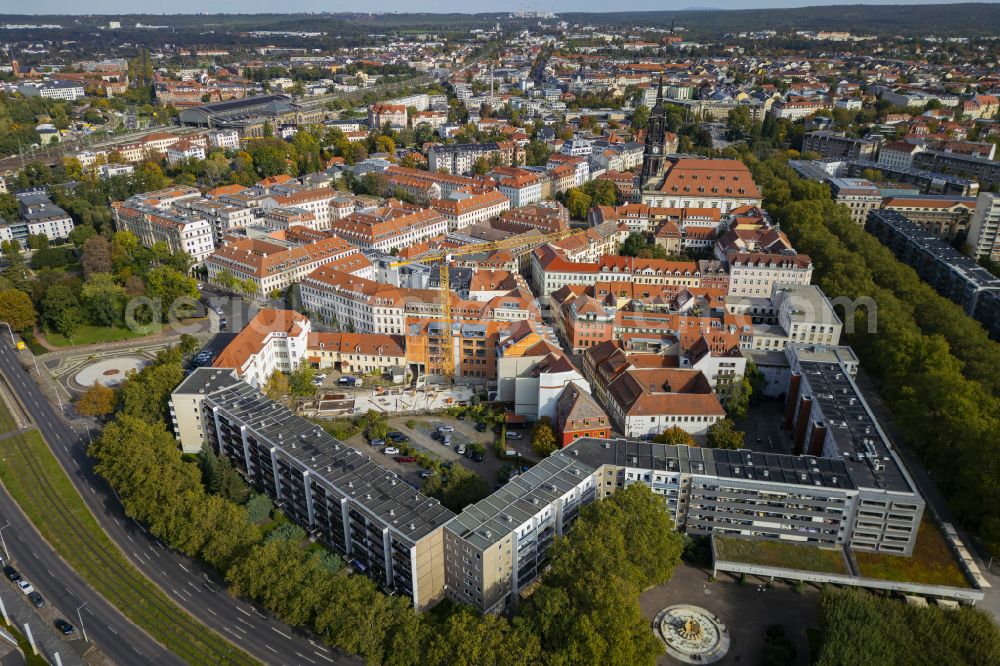 Dresden from above - Construction site for the new construction of a multi-family residential complex Heinrichhoefe in the former inner courtyard on Heinrichstrasse in the district of Innere Neustadt in Dresden in the federal state of Saxony, Germany