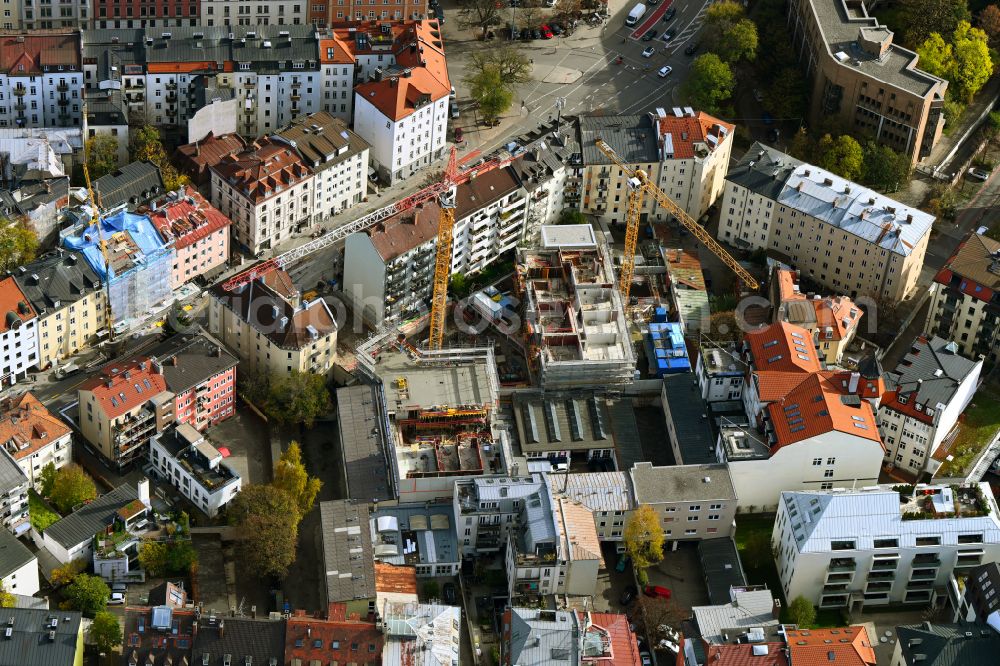 München from above - Construction site to build a new multi-family residential complex on Kapuzinerplatz on street Kapuzinerstrasse in the district Ludwigsvorstadt-Isarvorstadt in Munich in the state Bavaria, Germany