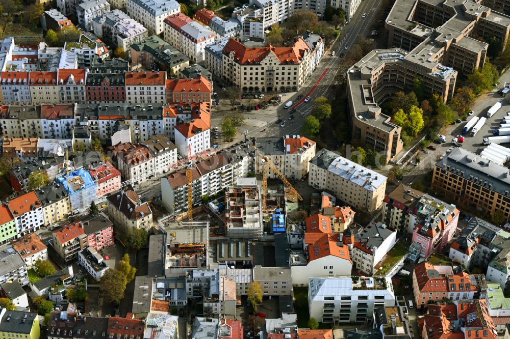 München from the bird's eye view: Construction site to build a new multi-family residential complex on Kapuzinerplatz on street Kapuzinerstrasse in the district Ludwigsvorstadt-Isarvorstadt in Munich in the state Bavaria, Germany