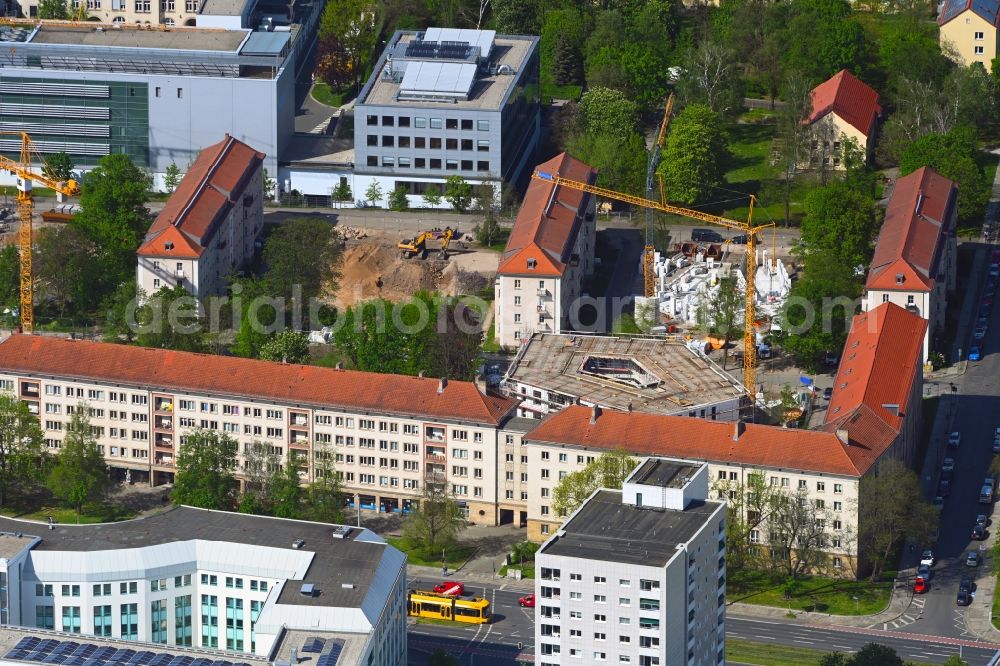 Dresden from the bird's eye view: Construction site to build a new multi-family residential complex Seidnitzer Strasse - Grunaer Strasse in the district Pirnaische Vorstadt in Dresden in the state Saxony, Germany