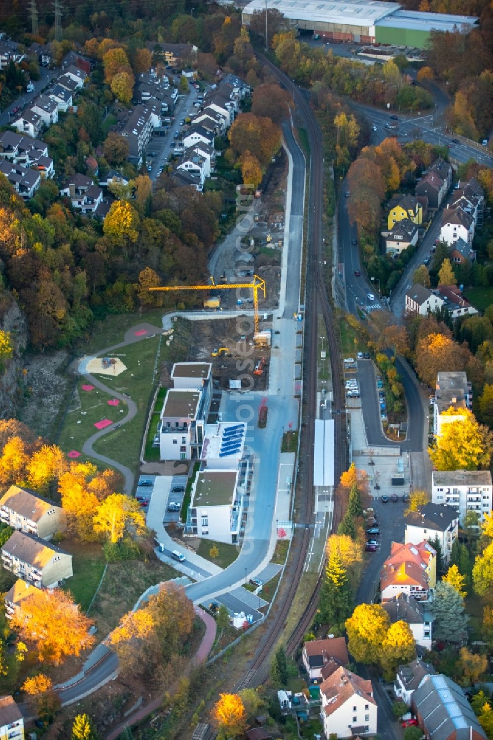 Herdecke from the bird's eye view: Construction site for the new building of apartments near the railway station Herdecke in Herdecke in the state North Rhine-Westphalia